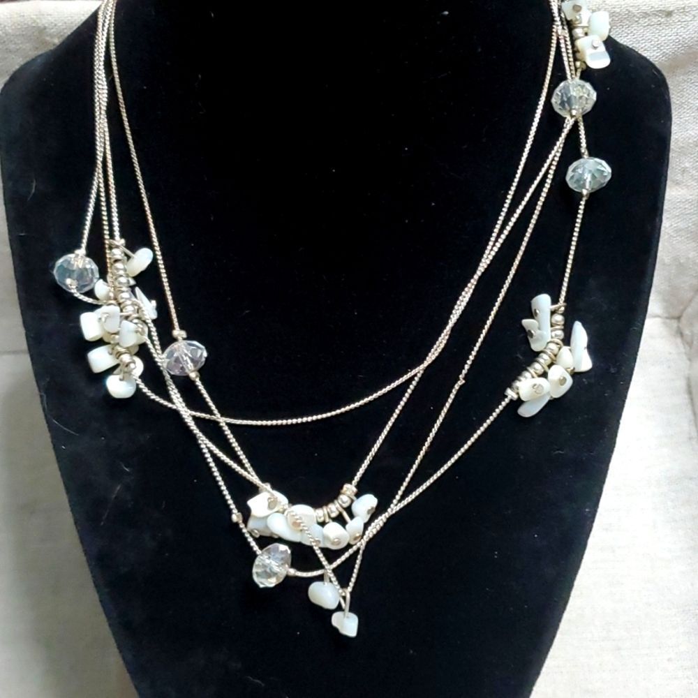 Vintage Dainty Silver Crystal Abalone Shell Layering Necklace
